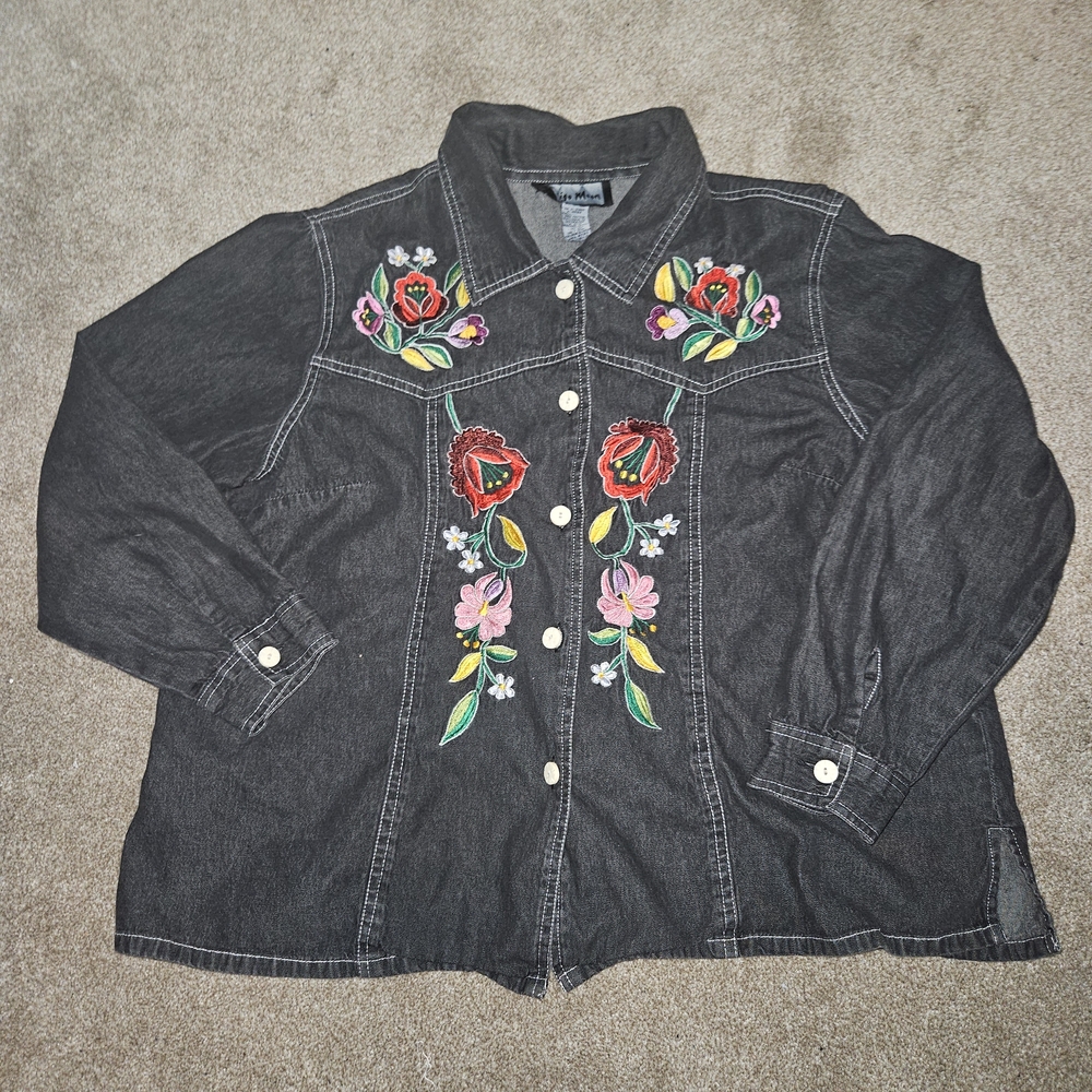 Embroidered Black Denim Button Up With Floral Embroidery